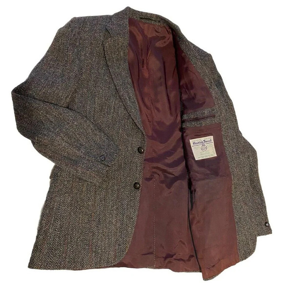 Harris Tweed Men’s Wool Herringbone Suit Jacket SzM Blazer Coat Black Gray - Picture 1 of 16